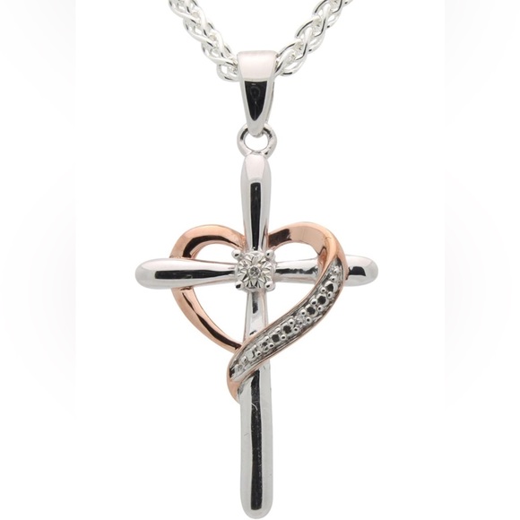 925 Sterling Silver Heart Shaped Diamond Cross Necklace